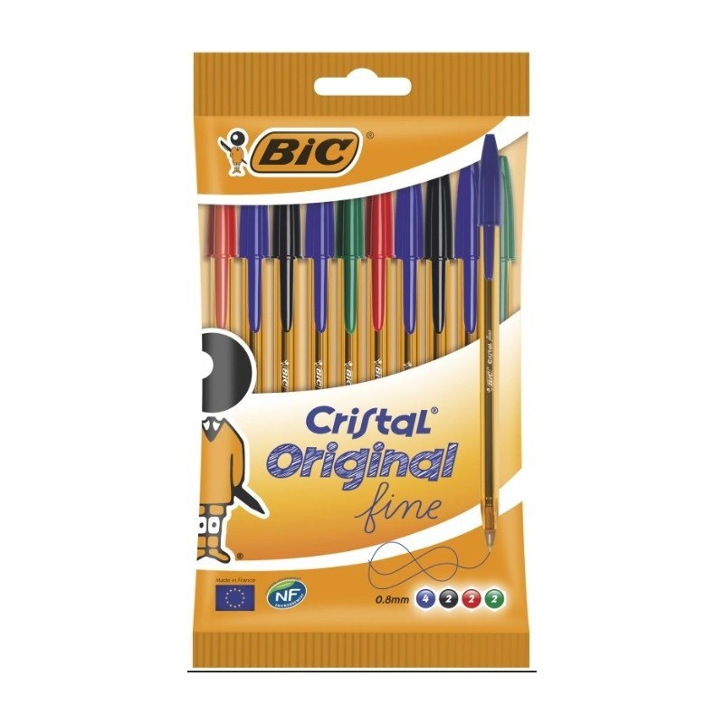 Bic Cristal Original Fine Conf. 10 penne Punta tonda 0,8mm Linea 0,34mm  Colori assortiti