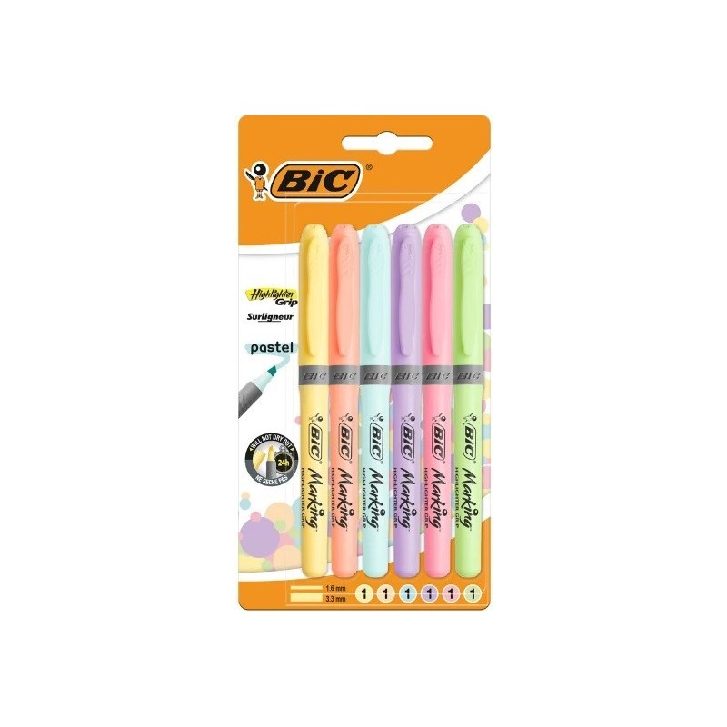 Bic Highlighter Grip Conf. 6 pennarelli pastello fluorescenti Punta a  scalpello Tratto tra 1,60/3