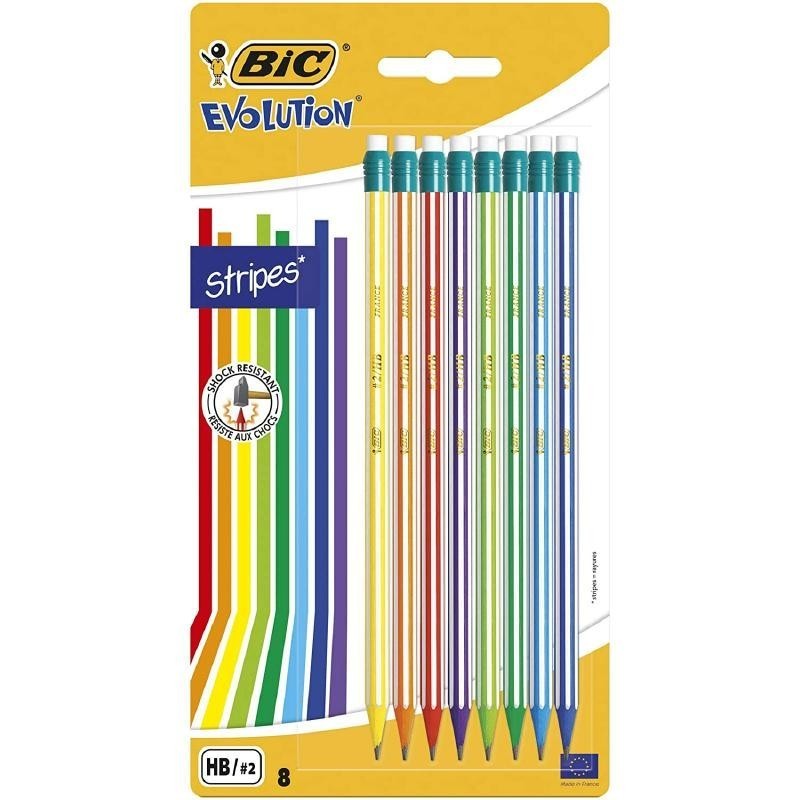 Bic Evolution Stripes Confezione da 8 matite esagonali in grafite con gomma  Piombo HB ultra resistente
