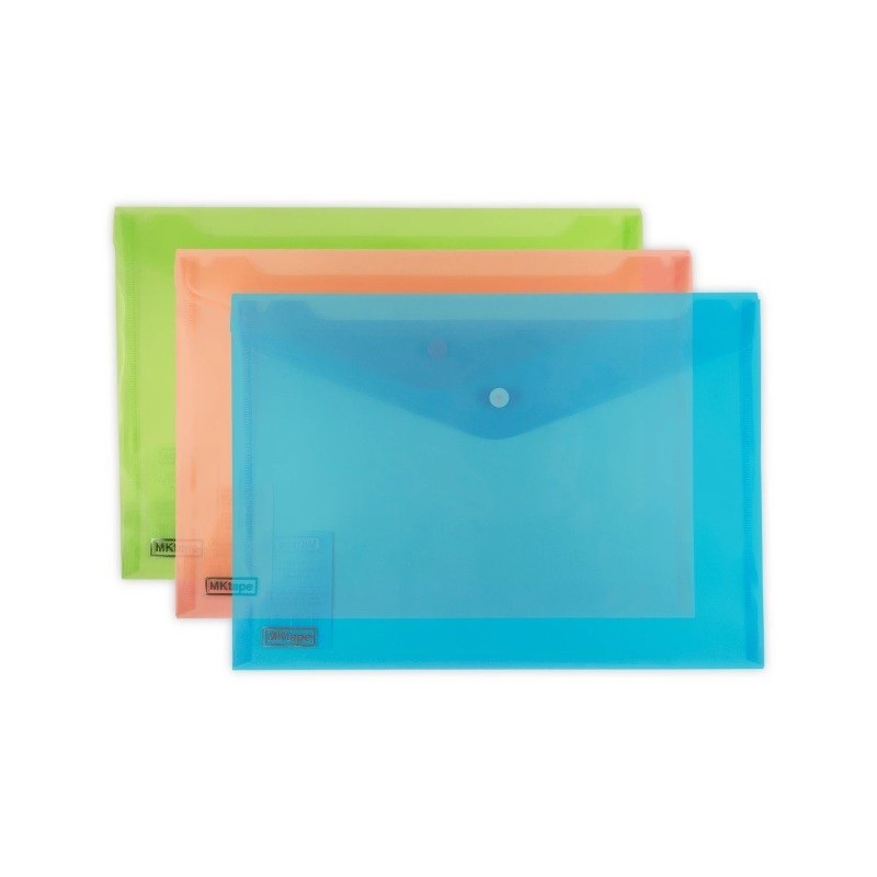 MKtape Confezione da 3 Buste Porta Documenti con Chiusura Plastica Formato  A4 Colori Assortiti